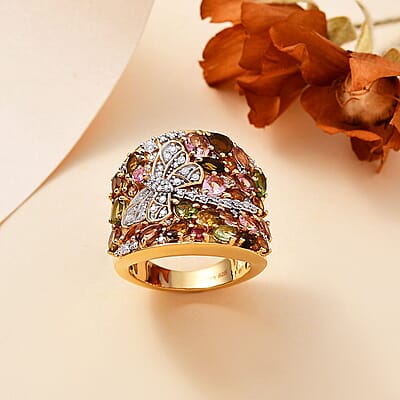 Multi-Tourmaline and Moissanite 3.90 ctw Dragonfly Ring in 18K Vermeil Yellow Gold Over Sterling Silver (Size 10.0)