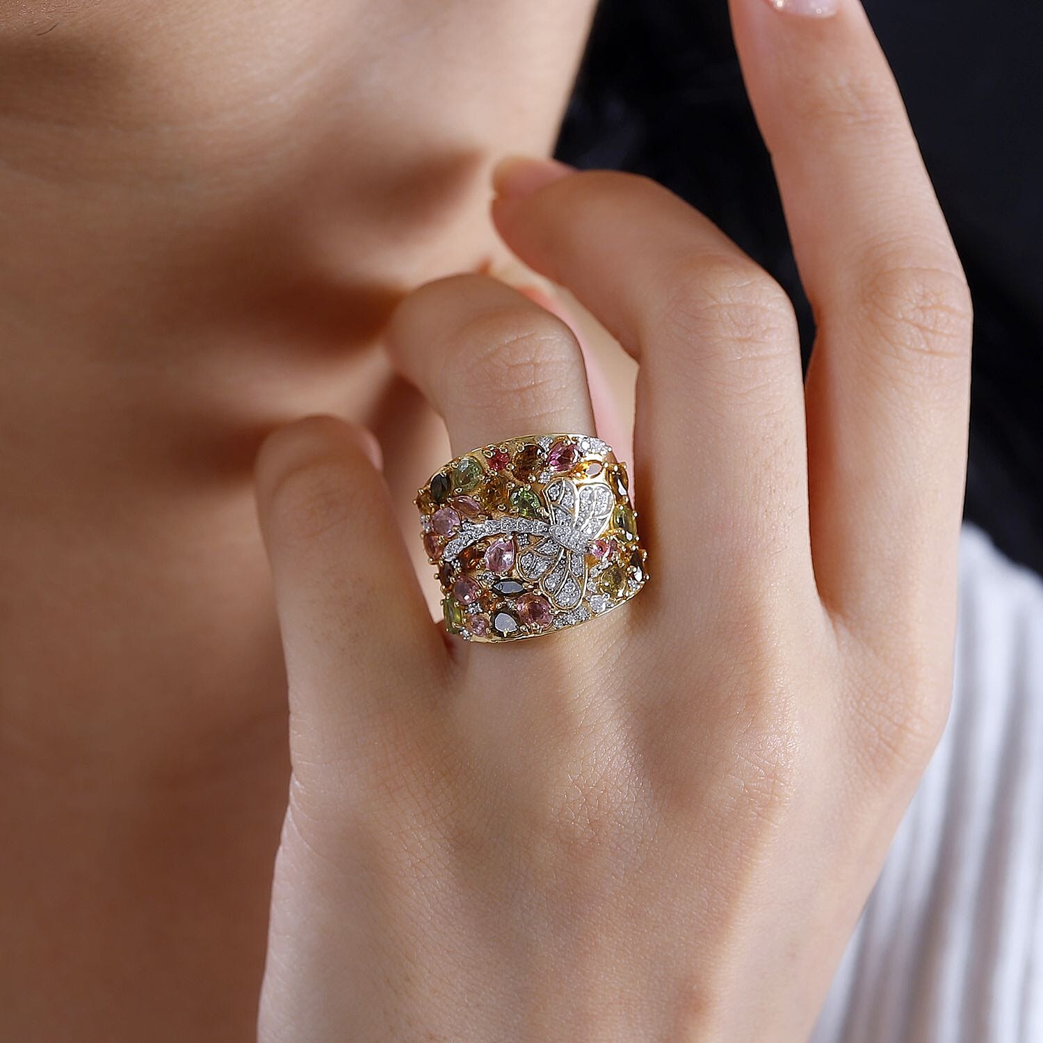 Multi-Tourmaline and Moissanite 3.90 ctw Dragonfly Ring in 18K Vermeil Yellow Gold Over Sterling Silver (Size 10.0)