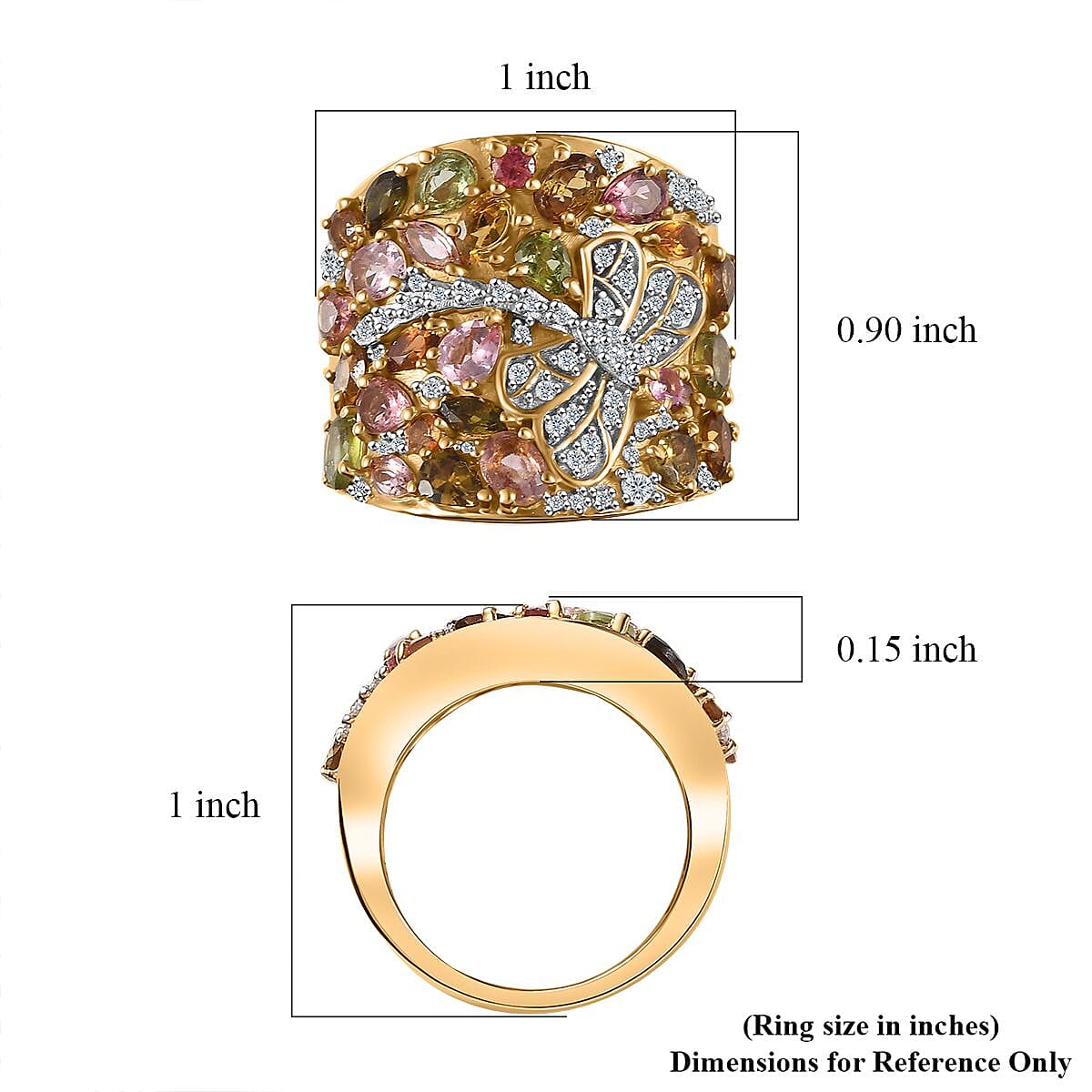 Multi-Tourmaline and Moissanite 3.90 ctw Dragonfly Ring in 18K Vermeil Yellow Gold Over Sterling Silver (Size 10.0)
