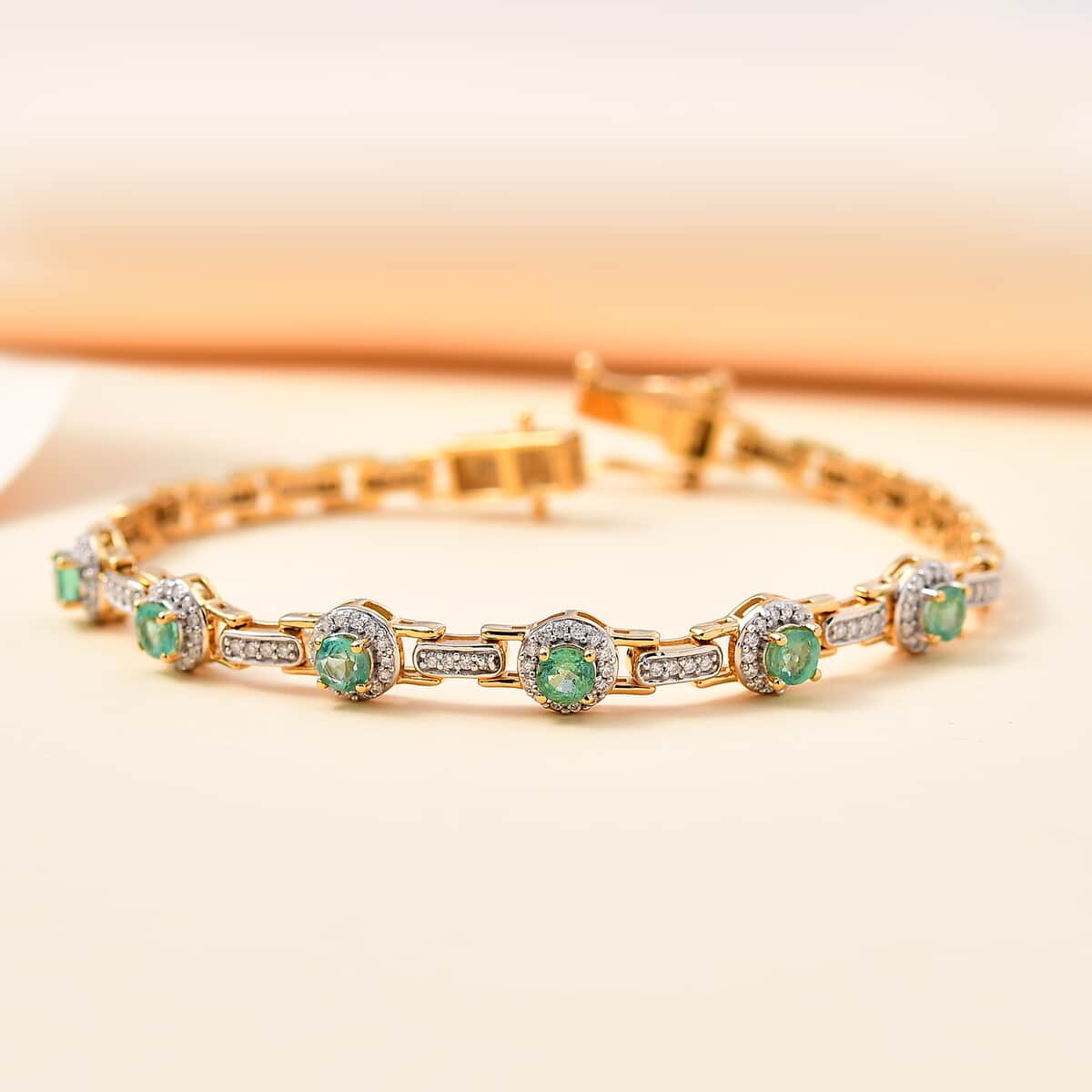 Boyaca Colombian Emerald and Moissanite 2.50 ctw Bridge Bracelet in 18K Vermeil Yellow Gold Over Sterling Silver (7.25 In) image number 1