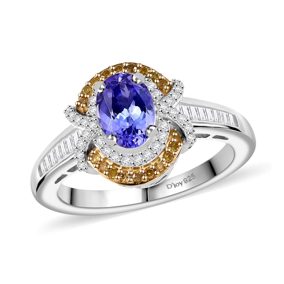 Tanzanite, Yellow Diamond (IR), Diamond (0.35 cts) Ring in 18K Vermeil YG and Rhodium Over Sterling Silver (Size 10.0) 1.15 ctw image number 0