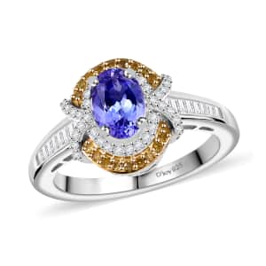 Tanzanite, Yellow and White Diamond 1.15 ctw Sun and Sea Waves Ring in 18K Vermeil YG and Rhodium Over Sterling Silver (Size 10.0)