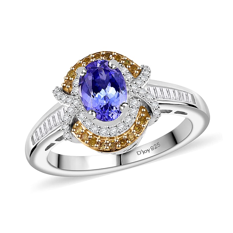 D'Joy Tanzanite, Yellow and White Diamond 1.15 ctw Sun and Sea Waves Ring in 18K Vermeil YG and Rhodium Over Sterling Silver (Size 10.0)