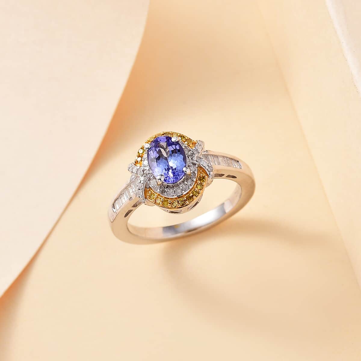 Tanzanite, Yellow Diamond (IR), Diamond (0.35 cts) Ring in 18K Vermeil YG and Rhodium Over Sterling Silver (Size 10.0) 1.15 ctw image number 1