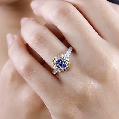 D'Joy Tanzanite, Yellow and White Diamond 1.15 ctw Sun and Sea Waves Ring in 18K Vermeil YG and Rhodium Over Sterling Silver (Size 10.0)