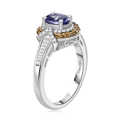 D'Joy Tanzanite, Yellow and White Diamond 1.15 ctw Sun and Sea Waves Ring in 18K Vermeil YG and Rhodium Over Sterling Silver (Size 10.0)