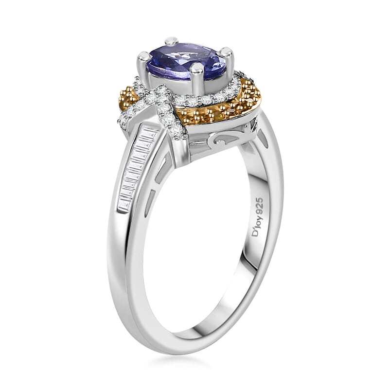 D'Joy Tanzanite, Yellow and White Diamond 1.15 ctw Sun and Sea Waves Ring in 18K Vermeil YG and Rhodium Over Sterling Silver (Size 10.0)