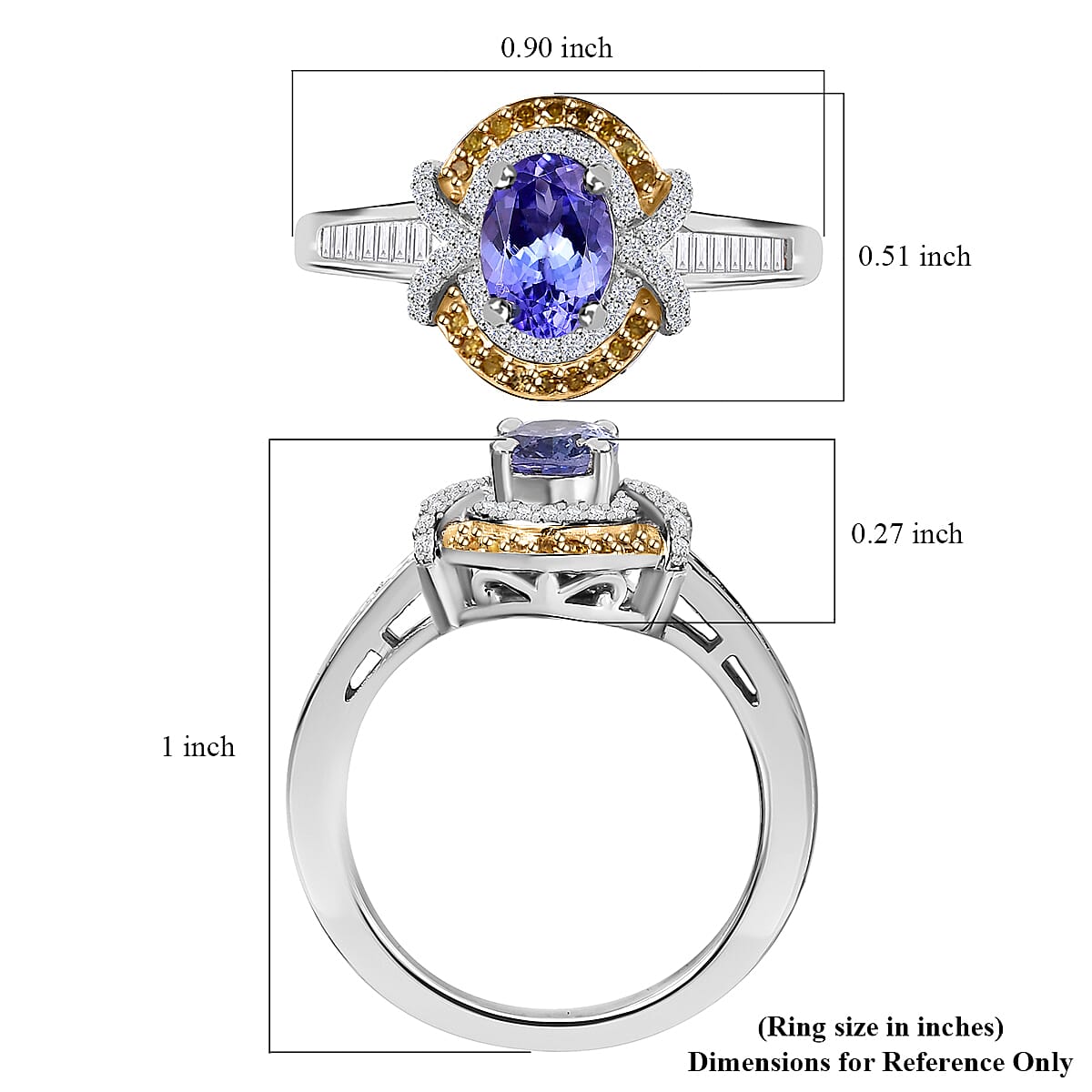 D'Joy Tanzanite, Yellow and White Diamond 1.15 ctw Sun and Sea Waves Ring in 18K Vermeil YG and Rhodium Over Sterling Silver (Size 10.0)