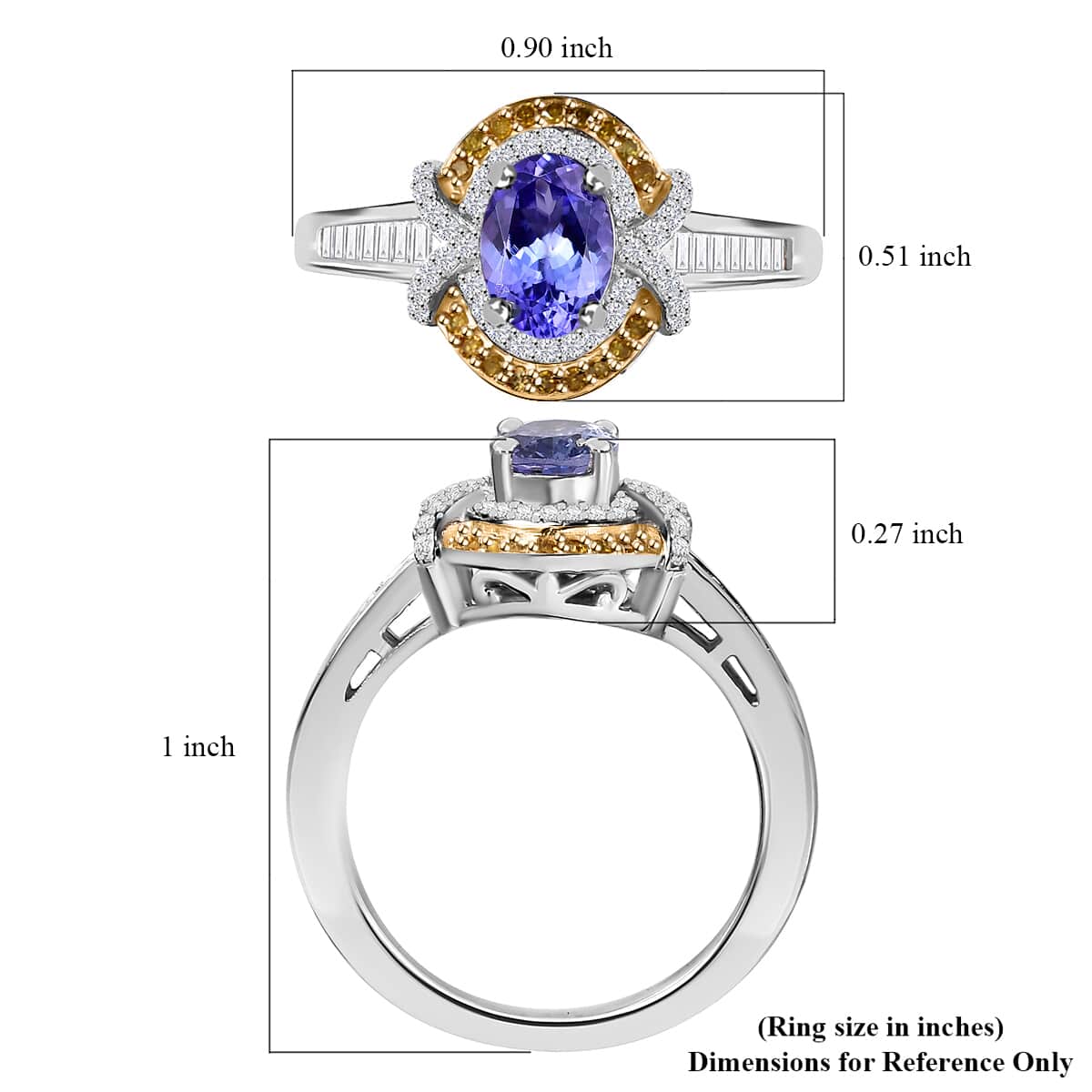 Tanzanite, Yellow Diamond (IR), Diamond (0.35 cts) Ring in 18K Vermeil YG and Rhodium Over Sterling Silver (Size 10.0) 1.15 ctw image number 5