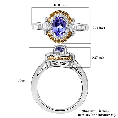 D'Joy Tanzanite, Yellow and White Diamond 1.15 ctw Sun and Sea Waves Ring in 18K Vermeil YG and Rhodium Over Sterling Silver (Size 10.0)