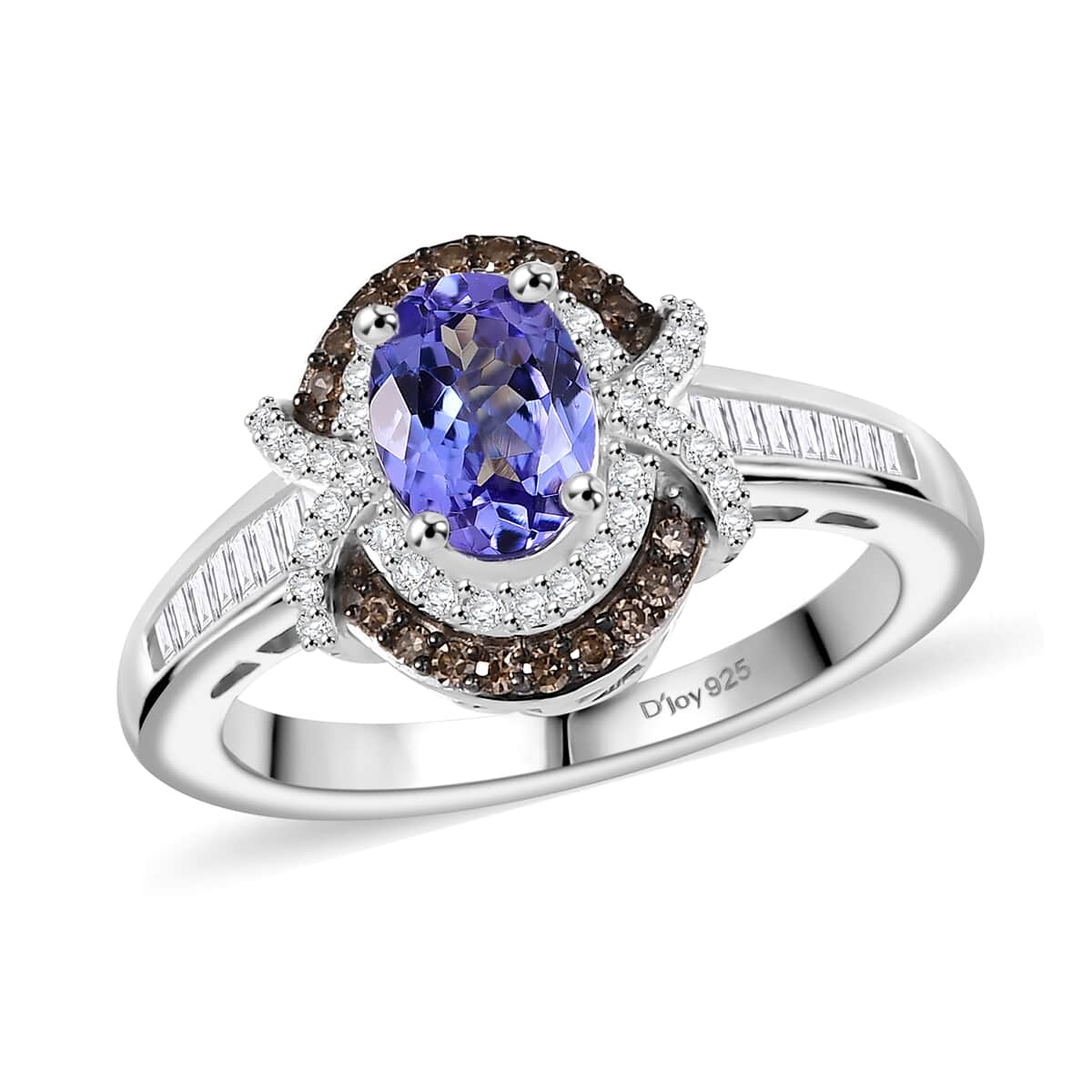 Tanzanite, Natural Champagne and White Diamond 1.15 ctw Sun and Sea Waves Ring in Rhodium Over Sterling Silver (Size 10.0) image number 0