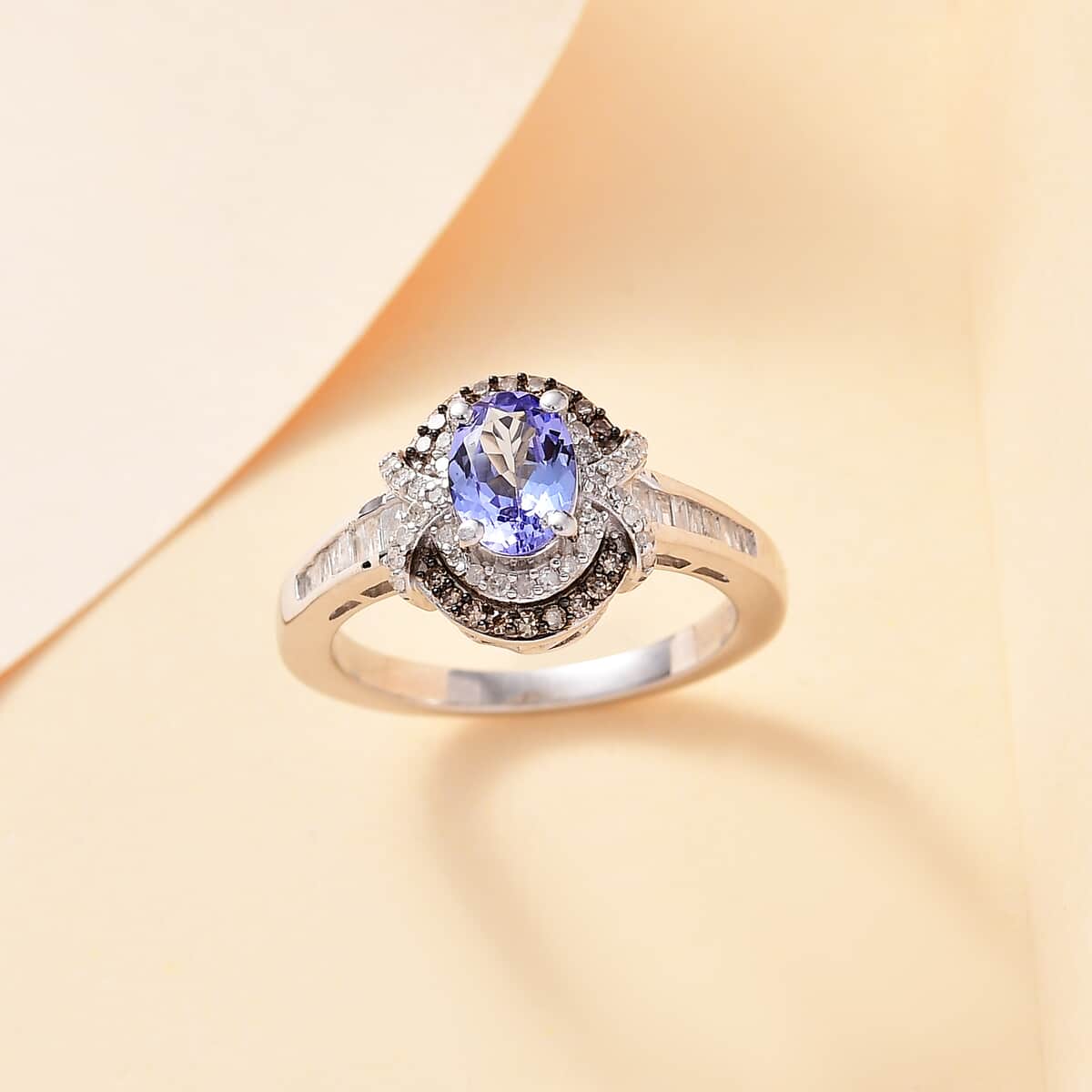 Tanzanite, Natural Champagne and White Diamond 1.15 ctw Sun and Sea Waves Ring in Rhodium Over Sterling Silver (Size 10.0) image number 1