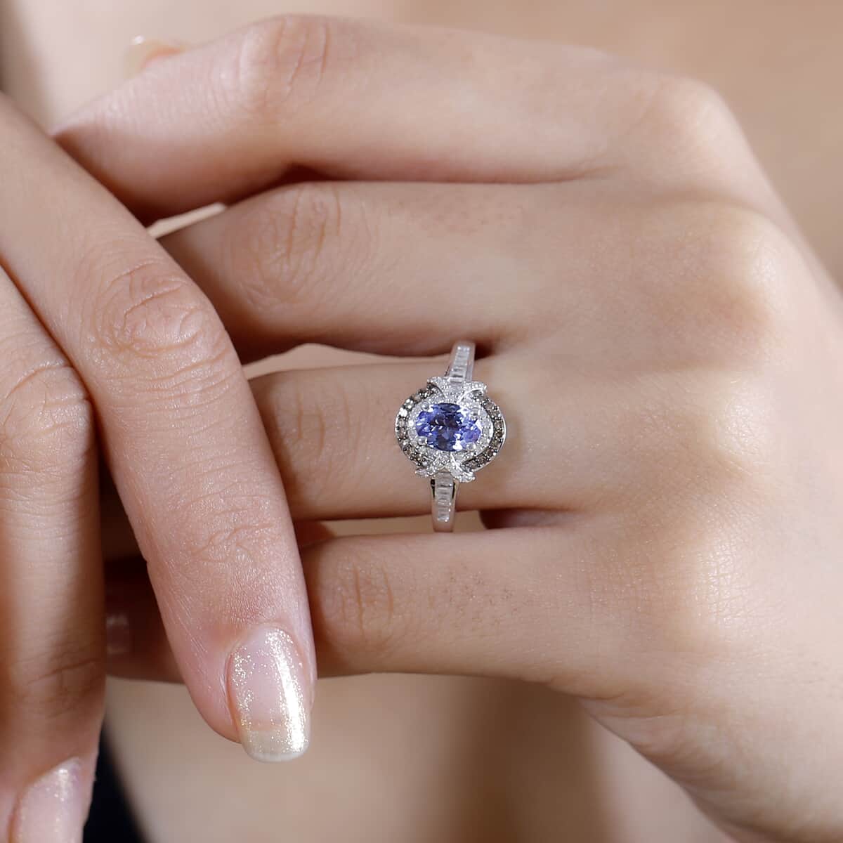 Tanzanite, Natural Champagne and White Diamond 1.15 ctw Sun and Sea Waves Ring in Rhodium Over Sterling Silver (Size 10.0) image number 2