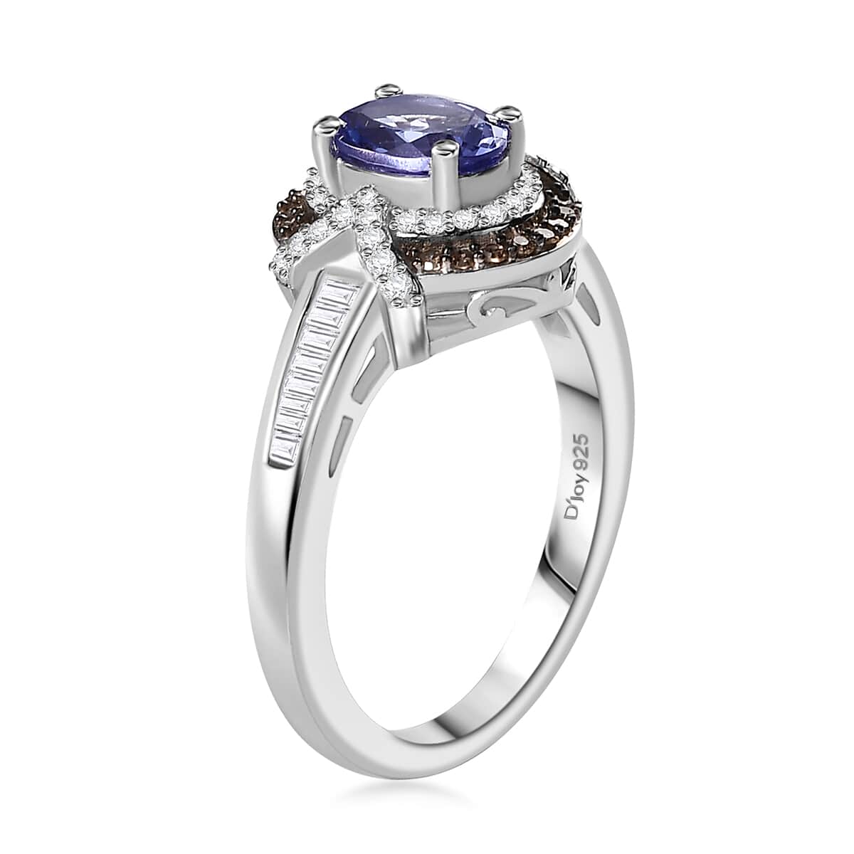 Tanzanite, Natural Champagne and White Diamond 1.15 ctw Sun and Sea Waves Ring in Rhodium Over Sterling Silver (Size 10.0) image number 3