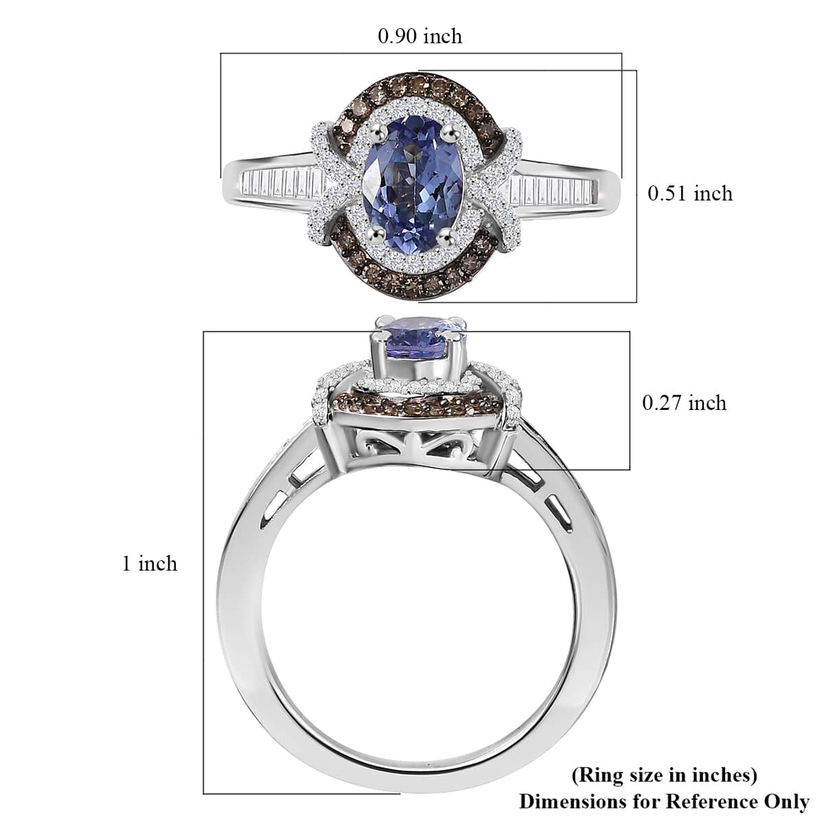 Tanzanite, Natural Champagne and White Diamond 1.15 ctw Sun and Sea Waves Ring in Rhodium Over Sterling Silver (Size 10.0) image number 5