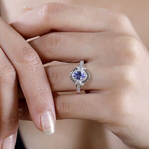 Tanzanite, Natural Champagne and White Diamond 1.15 ctw Sun and Sea Waves Ring in Rhodium Over Sterling Silver (Size 6.0)