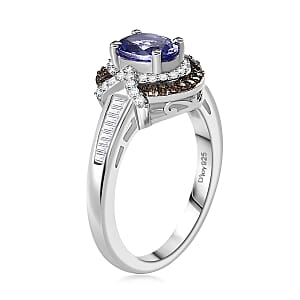 Tanzanite, Natural Champagne and White Diamond 1.15 ctw Sun and Sea Waves Ring in Rhodium Over Sterling Silver (Size 6.0)