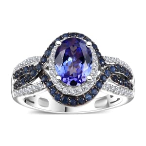 Tanzanite and Multi Gemstone 2.15 ctw Ring in Rhodium Over Sterling Silver (Size 8.0)
