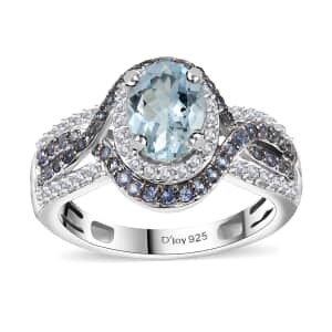 Mangoro Aquamarine and Multi Gemstone 1.85 ctw Ring in Rhodium Over Sterling Silver (Size 6.0)