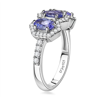 Tanzanite and White Zircon 1.90 ctw Art Deco Ring in Rhodium Over Sterling Silver (Size 10.0)