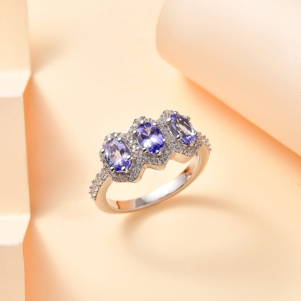 Tanzanite and White Zircon 1.90 ctw Art Deco Ring in Rhodium Over Sterling Silver (Size 7.0) image number 1