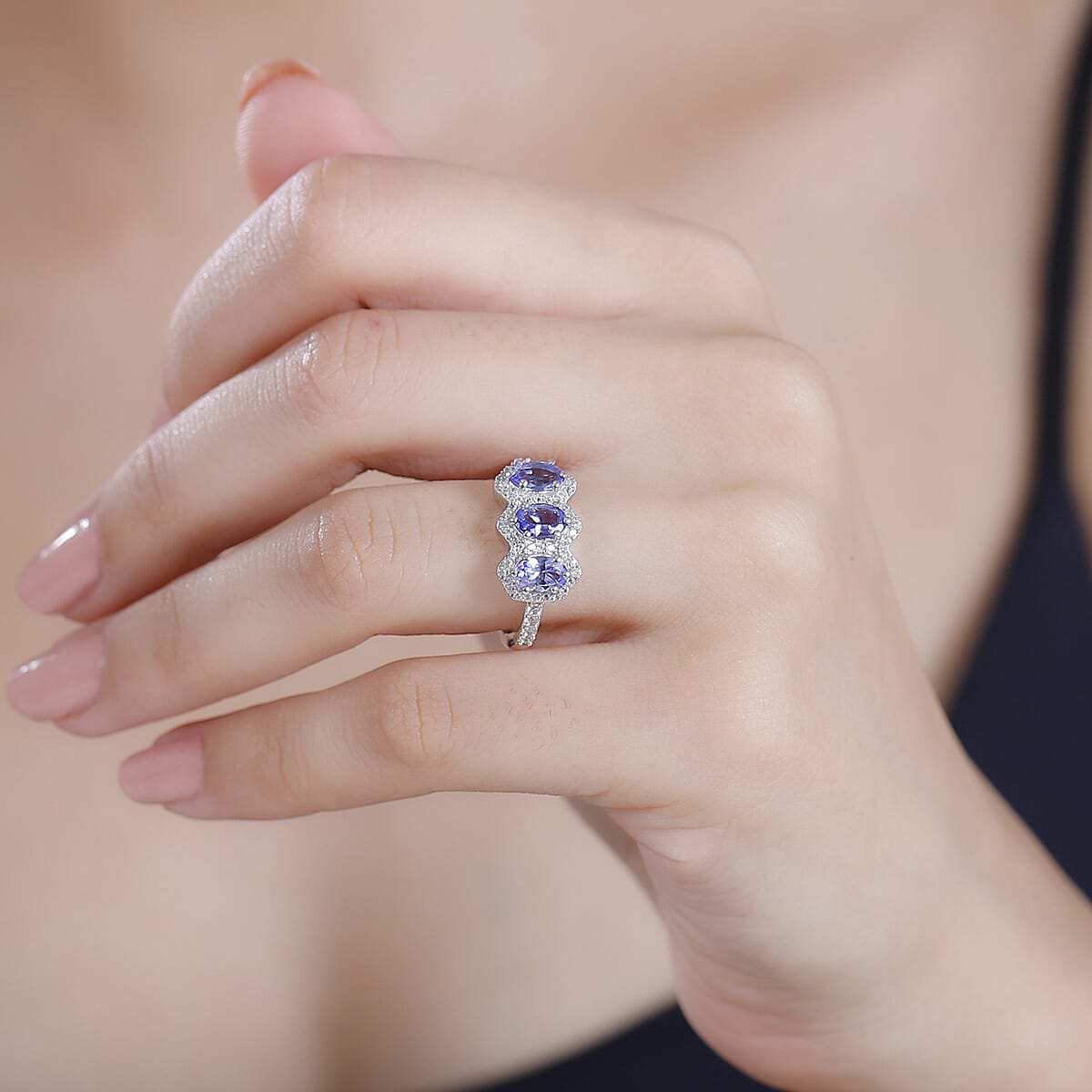 Tanzanite and White Zircon 1.90 ctw Art Deco Ring in Rhodium Over Sterling Silver (Size 7.0) image number 2