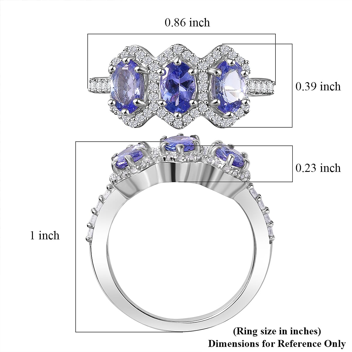 Tanzanite and White Zircon 1.90 ctw Art Deco Ring in Rhodium Over Sterling Silver (Size 7.0) image number 5