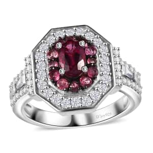 Ouro Fino Rubellite and Moissanite 1.50 ctw Art Deco Ring in Rhodium Over Sterling Silver (Size 6.0)