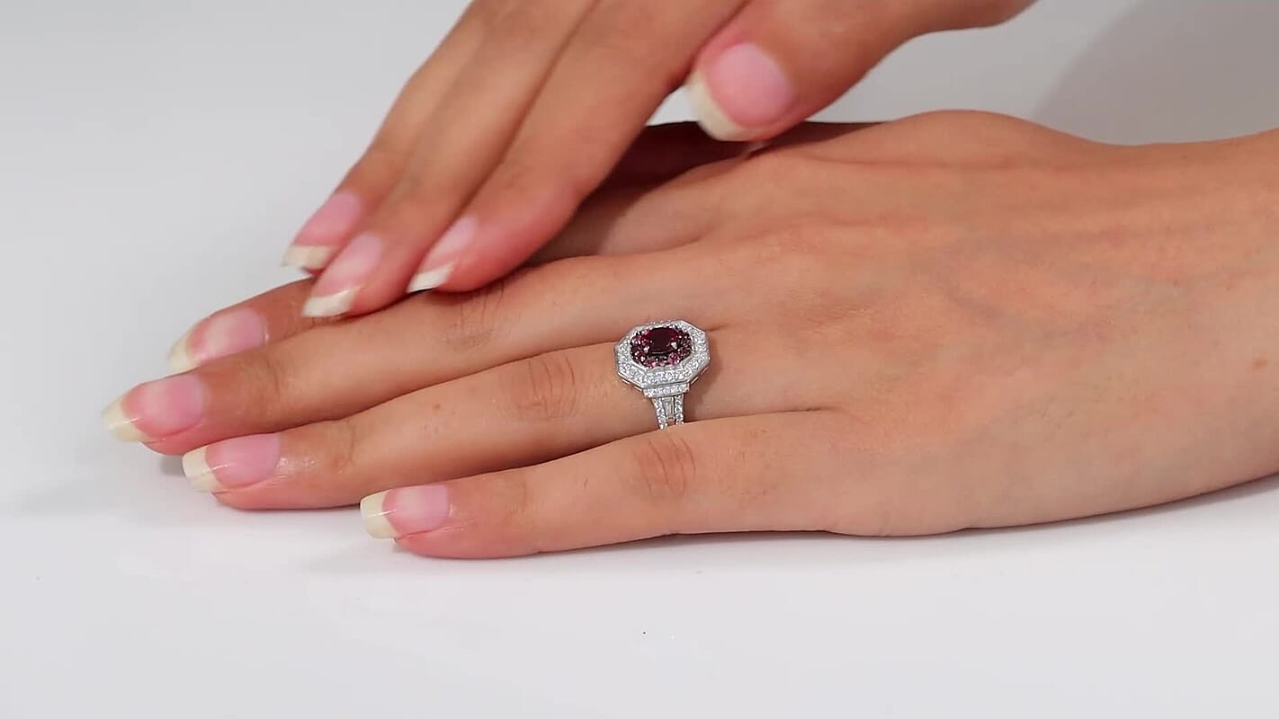 Ouro Fino Rubellite and Moissanite 1.50 ctw Double Halo Ring in Rhodium Over Sterling Silver (Size 6.0)