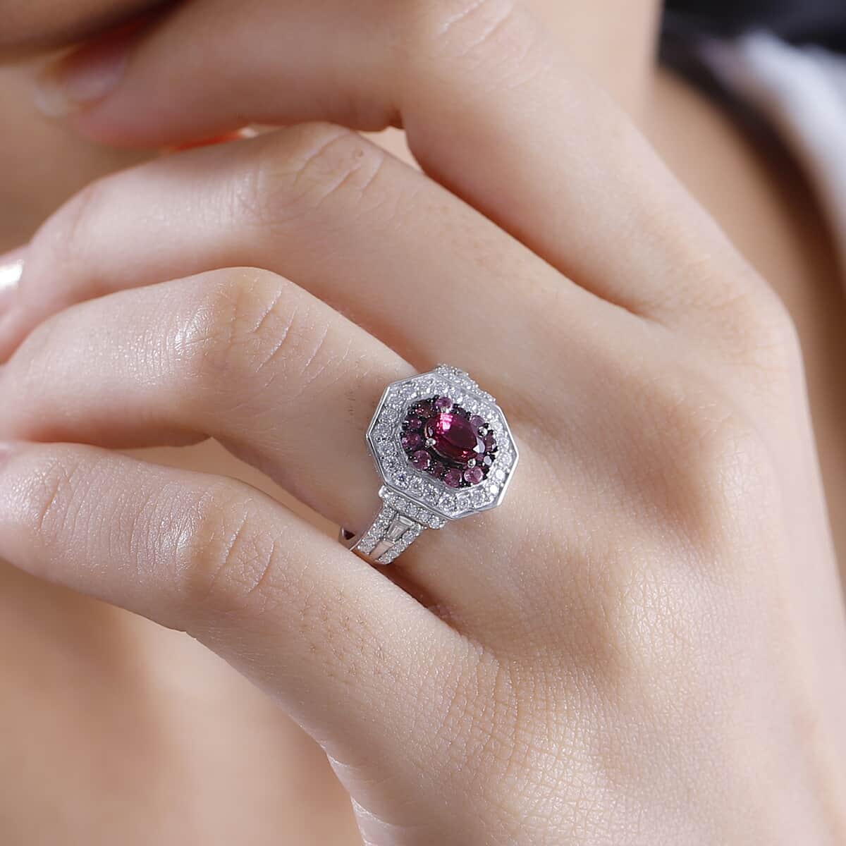 Ouro Fino Rubellite and Moissanite 1.50 ctw Art Deco Ring in Rhodium Over Sterling Silver (Size 6.0) image number 2