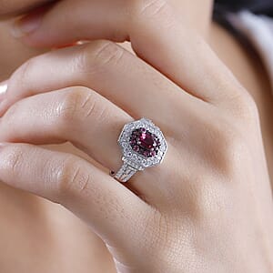 Doorbuster D'Joy Ouro Fino Rubellite and Moissanite 1.50 ctw Art Deco Ring in Rhodium Over Sterling Silver (Size 6.0)