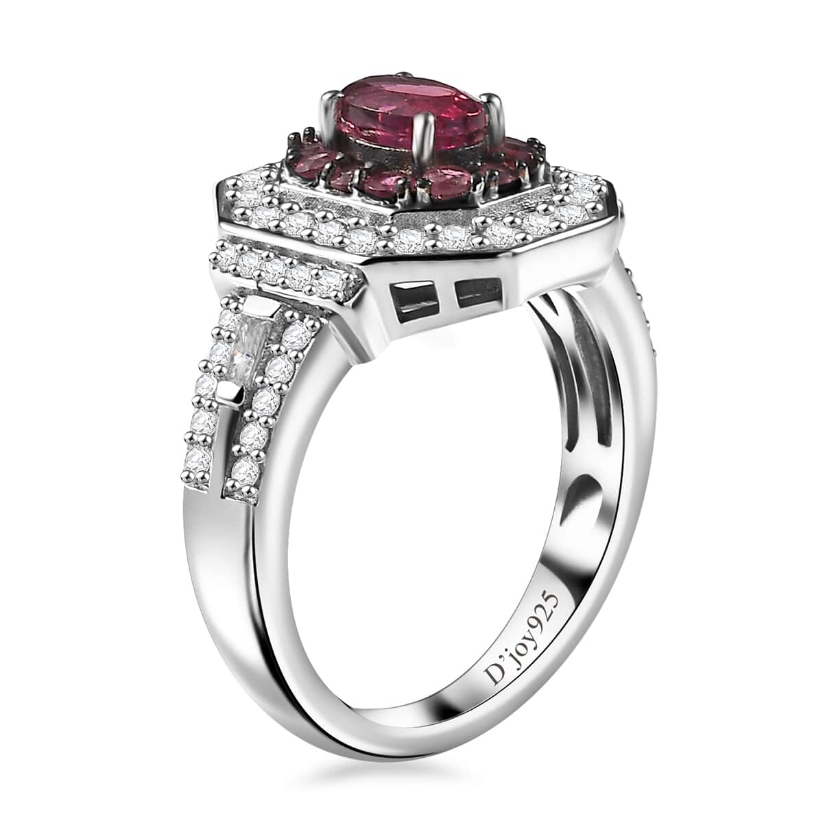 Ouro Fino Rubellite and Moissanite 1.50 ctw Double Halo Ring in Rhodium Over Sterling Silver (Size 6.0) image number 3