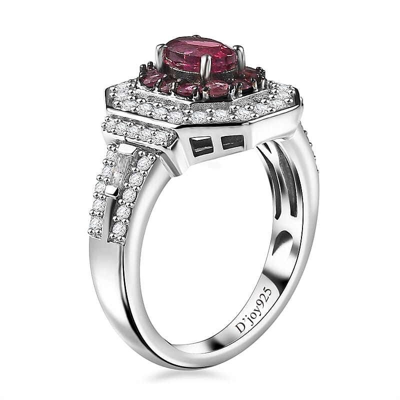D'Joy Ouro Fino Rubellite and Moissanite 1.50 ctw Art Deco Ring in Rhodium Over Sterling Silver (Size 6.0)