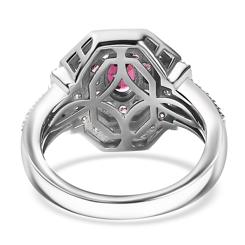 D'Joy Ouro Fino Rubellite and Moissanite 1.50 ctw Art Deco Ring in Rhodium Over Sterling Silver (Size 6.0)