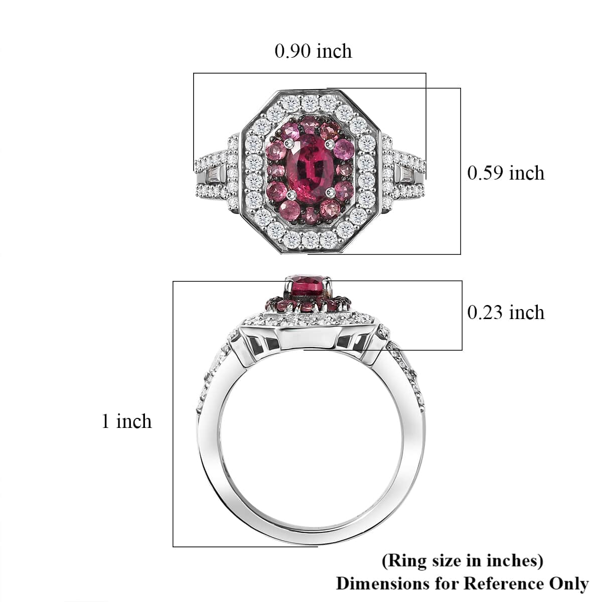 Ouro Fino Rubellite and Moissanite 1.50 ctw Double Halo Ring in Rhodium Over Sterling Silver (Size 6.0) image number 5