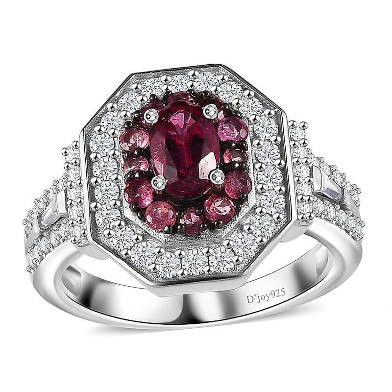 D'Joy Ouro Fino Rubellite and Moissanite 1.50 ctw Art Deco Ring in Rhodium Over Sterling Silver (Size 7.0)