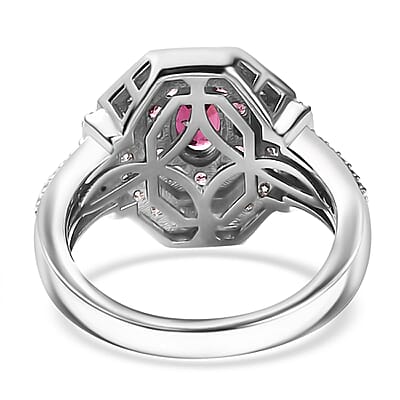 D'Joy Ouro Fino Rubellite and Moissanite 1.50 ctw Art Deco Ring in Rhodium Over Sterling Silver (Size 7.0)