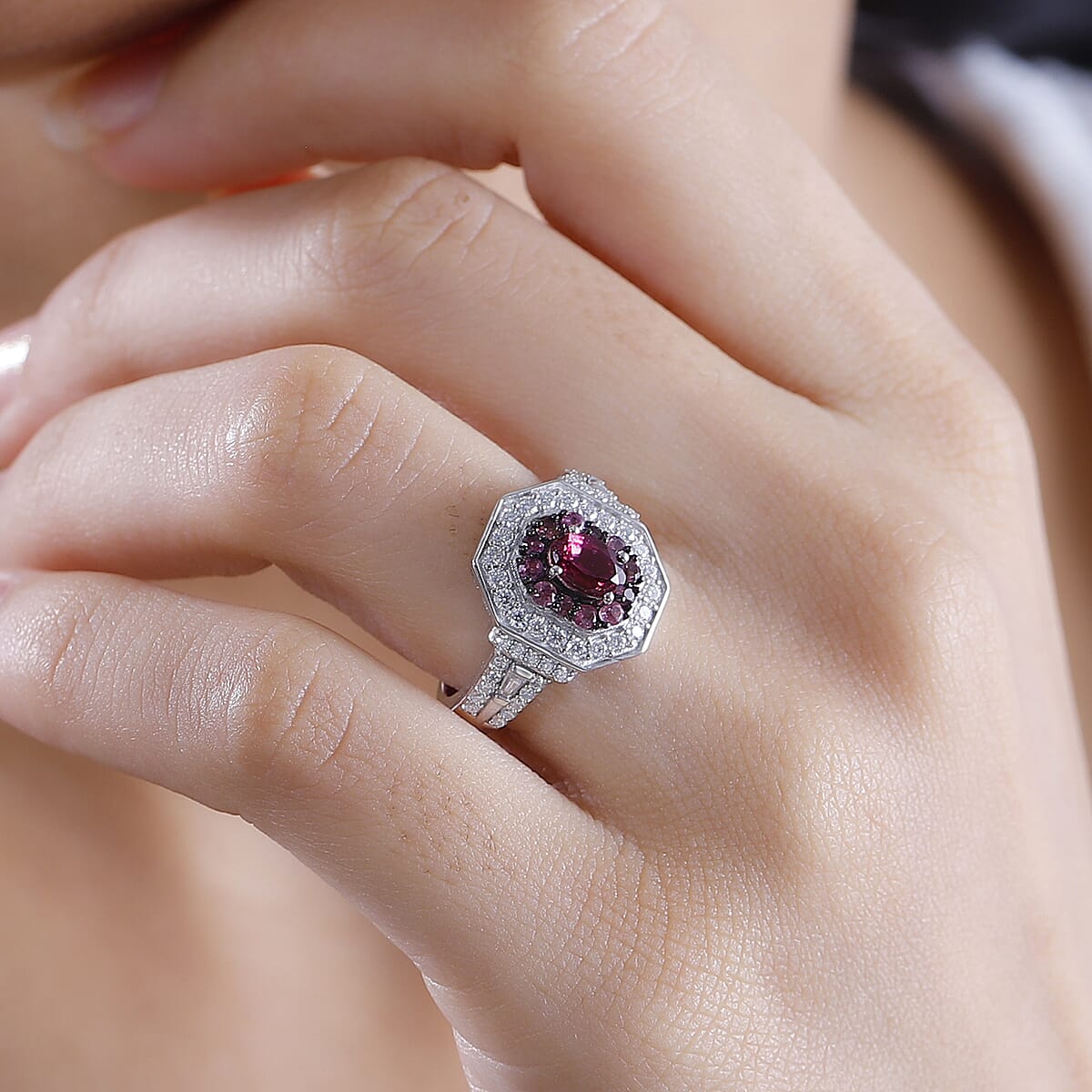  D'Joy Ouro Fino Rubellite and Moissanite 1.50 ctw Art Deco Ring in Rhodium Over Sterling Silver (Size 9.0) image number 2