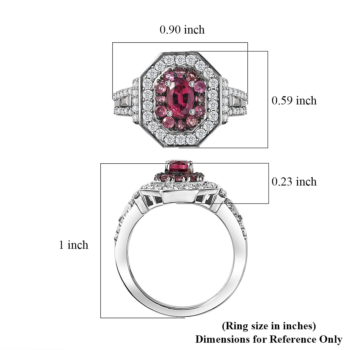  D'Joy Ouro Fino Rubellite and Moissanite 1.50 ctw Art Deco Ring in Rhodium Over Sterling Silver (Size 9.0) image number 5