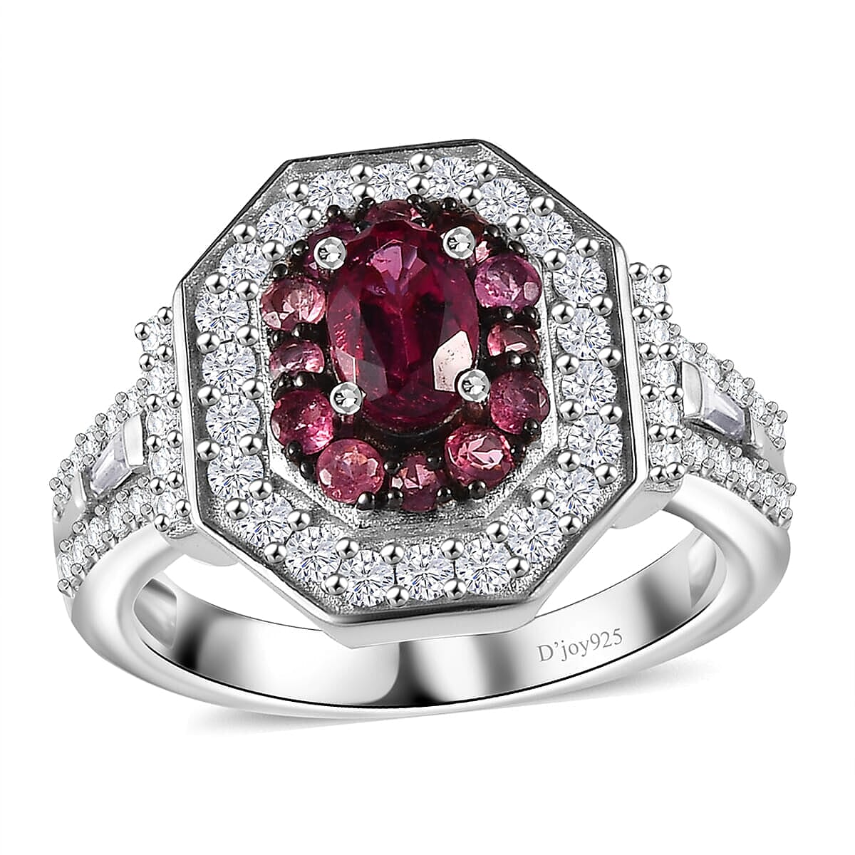 Ouro Fino Rubellite, Moissanite Double Halo Ring in Rhodium Over Sterling Silver (Size 10.0) 1.50 ctw image number 0