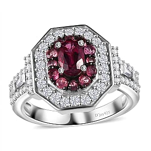 Ouro Fino Rubellite, Moissanite Double Halo Ring in Rhodium Over Sterling Silver (Size 10.0) 1.50 ctw