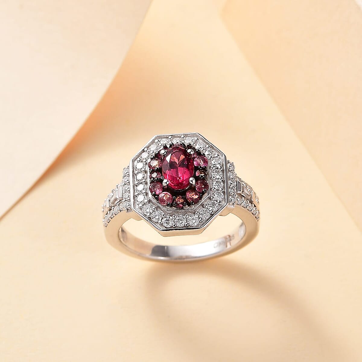 Ouro Fino Rubellite, Moissanite Double Halo Ring in Rhodium Over Sterling Silver (Size 10.0) 1.50 ctw image number 1