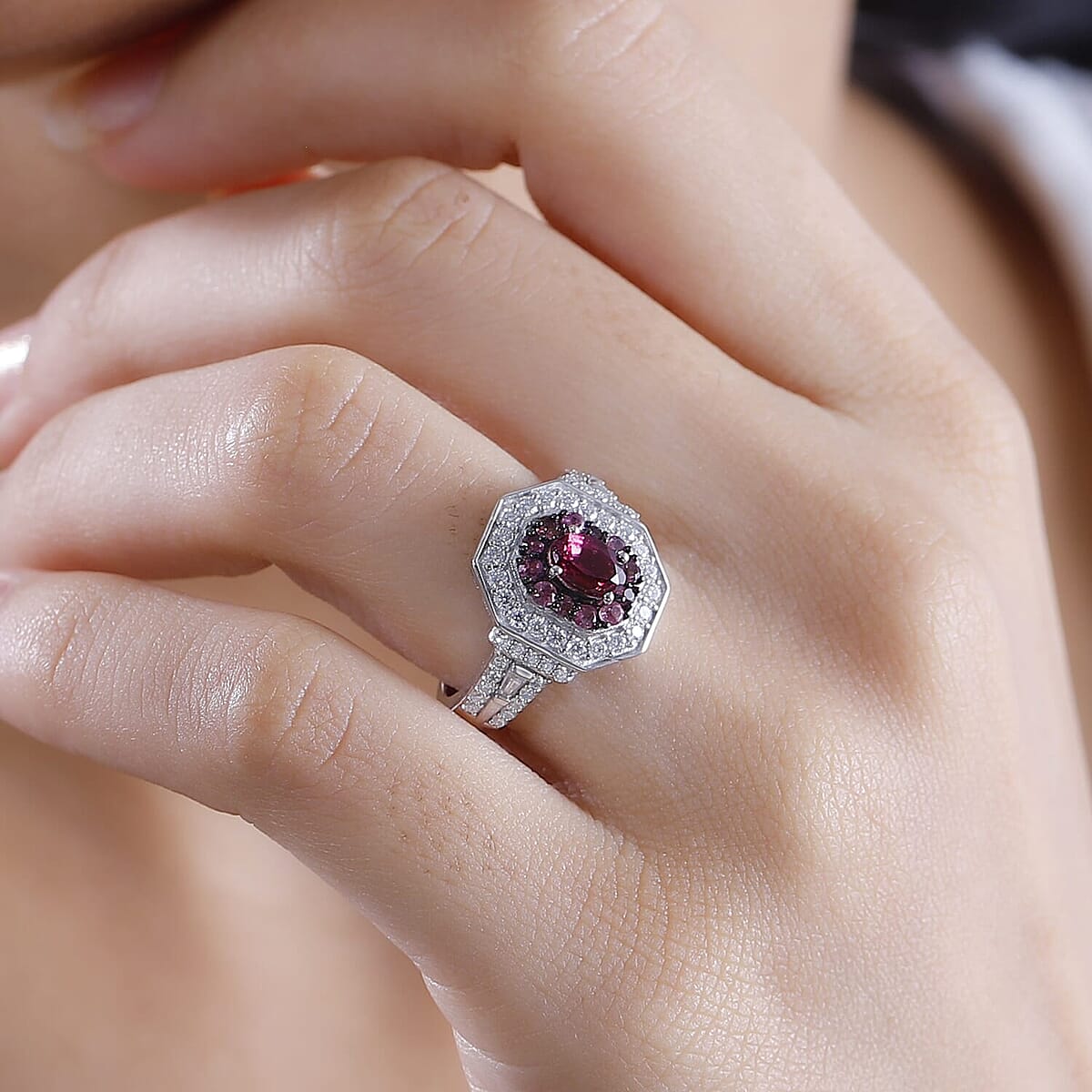 Ouro Fino Rubellite, Moissanite Double Halo Ring in Rhodium Over Sterling Silver (Size 10.0) 1.50 ctw image number 2