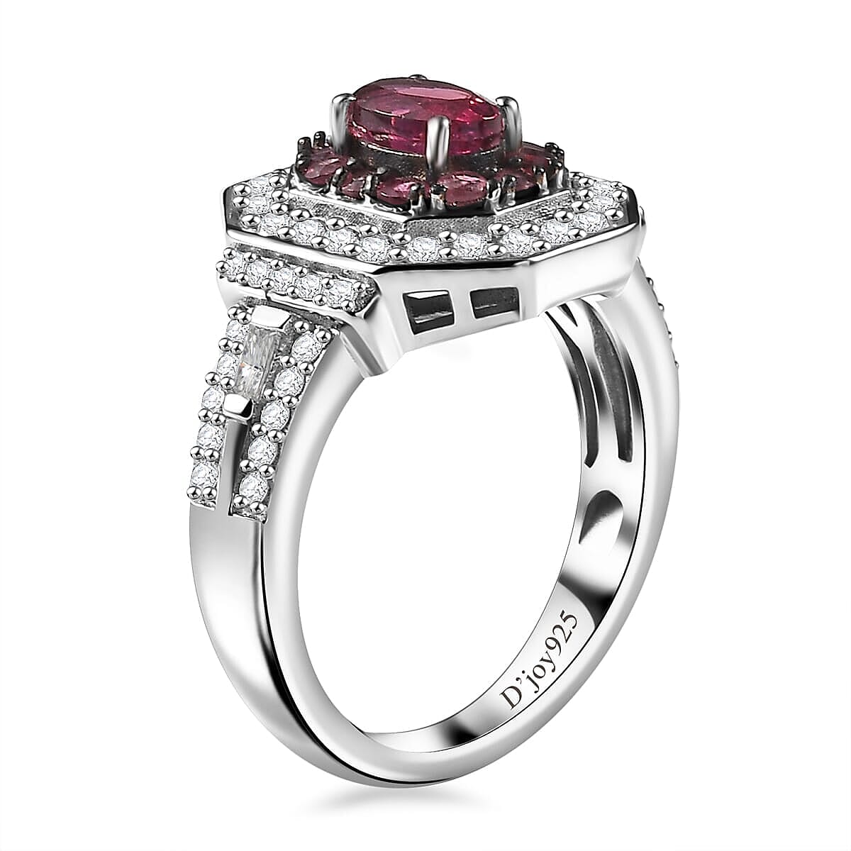 Ouro Fino Rubellite, Moissanite Double Halo Ring in Rhodium Over Sterling Silver (Size 10.0) 1.50 ctw image number 3