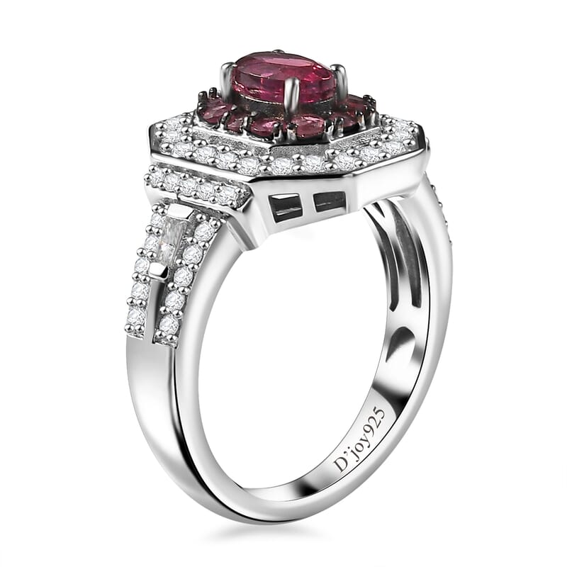 D'Joy Ouro Fino Rubellite and Moissanite 1.50 ctw Art Deco Ring in Rhodium Over Sterling Silver (Size 10.0)