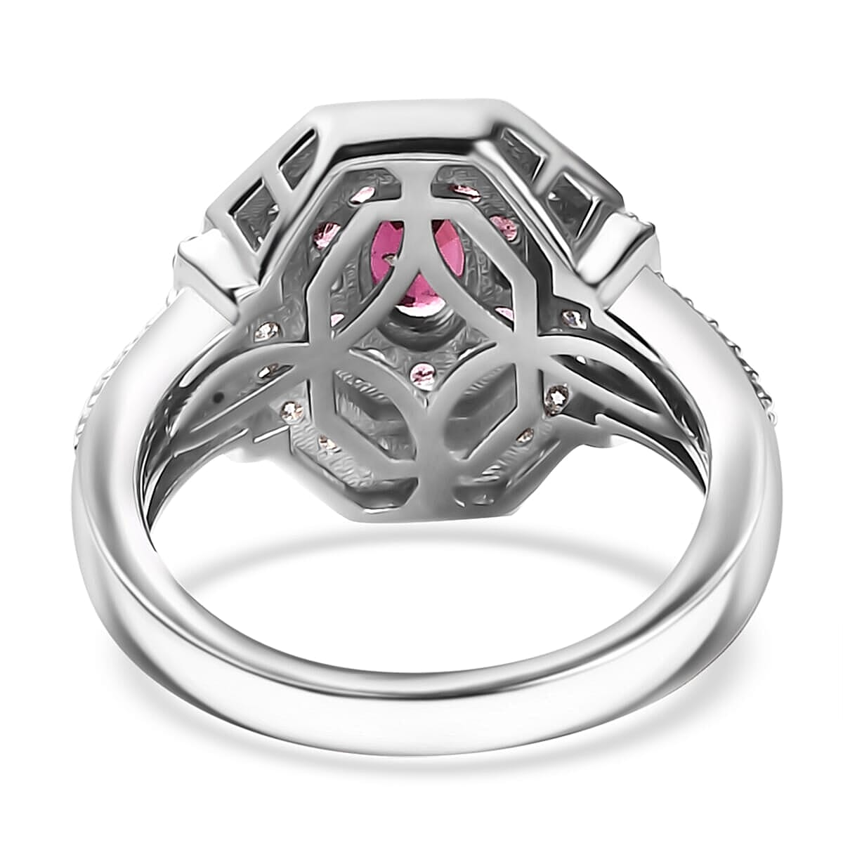 Ouro Fino Rubellite, Moissanite Double Halo Ring in Rhodium Over Sterling Silver (Size 10.0) 1.50 ctw image number 4