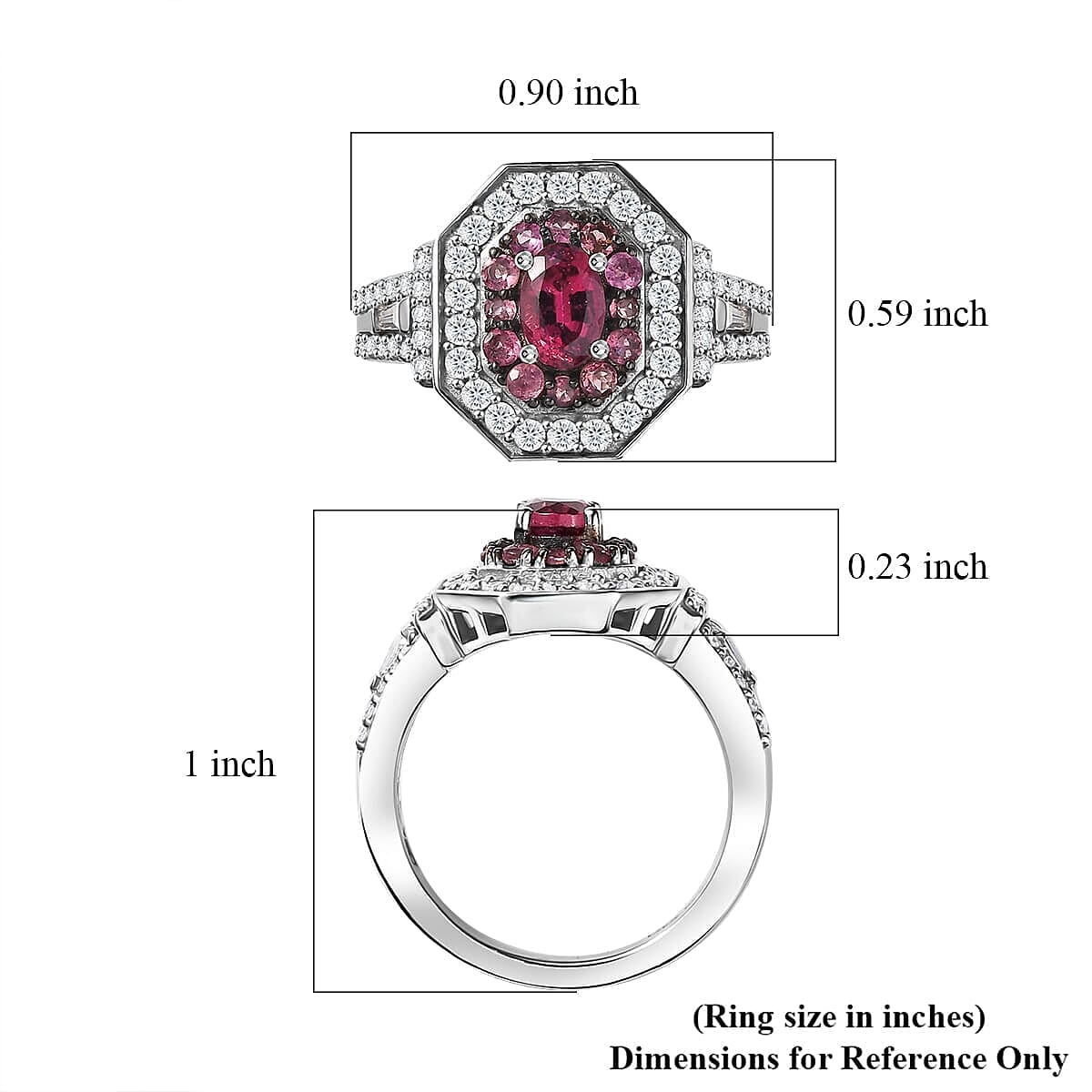Ouro Fino Rubellite, Moissanite Double Halo Ring in Rhodium Over Sterling Silver (Size 10.0) 1.50 ctw image number 5