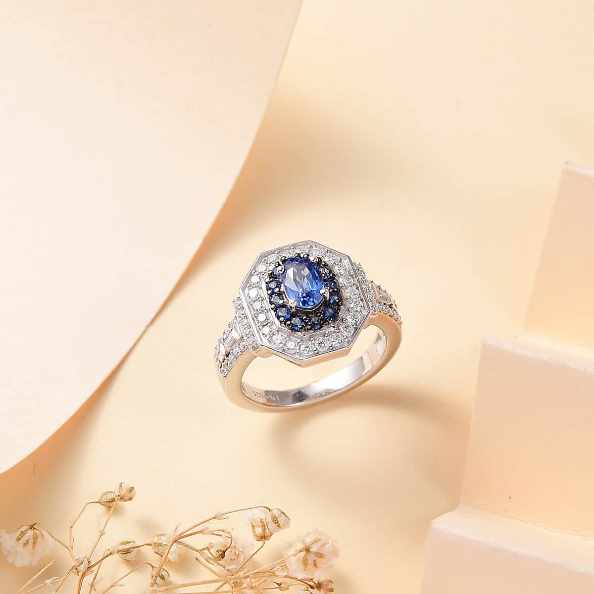 Ceylon Blue Sapphire and Moissanite 1.70 ctw Art Deco Ring in Rhodium Over Sterling Silver (Size 6.0) image number 1