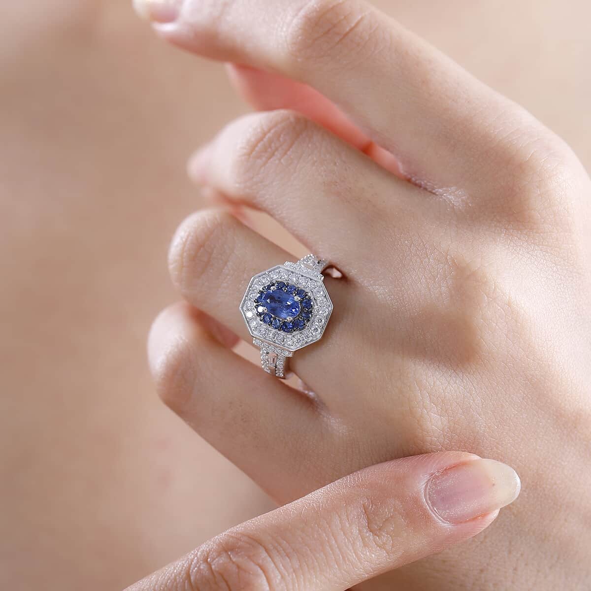 Ceylon Blue Sapphire and Moissanite 1.70 ctw Art Deco Ring in Rhodium Over Sterling Silver (Size 6.0) image number 2