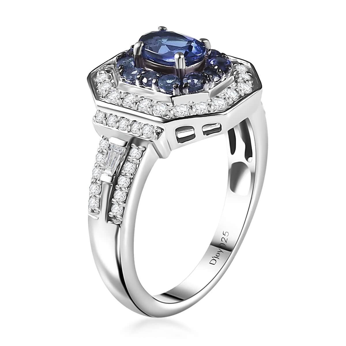 Ceylon Blue Sapphire and Moissanite 1.70 ctw Art Deco Ring in Rhodium Over Sterling Silver (Size 6.0) image number 3